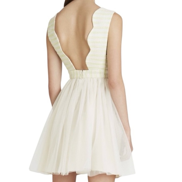 BCBGeneration Scalloped Edge V-neck Tulle Open Back Mini Dress Bright Lime Combo - Picture 2 of 2